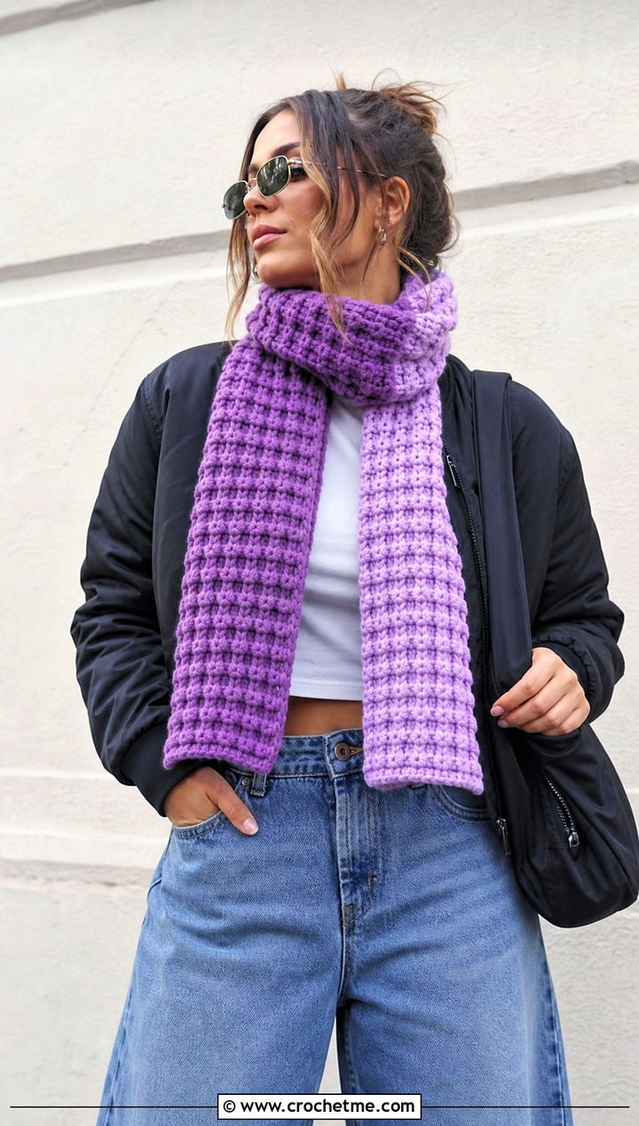 Color Block Waffle Stitch Crochet Scarf With Bomber Jacket - 30 waffle stitch crochet scarf outfit ideas