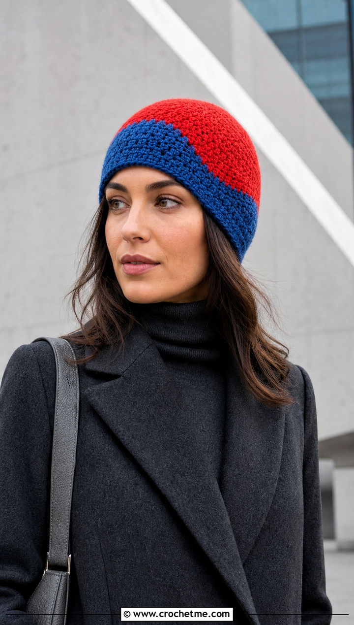 Color Block Wave Crochet Beanie With Monochrome Outfit - 20 Wavy Crochet Beanie outfit ideas