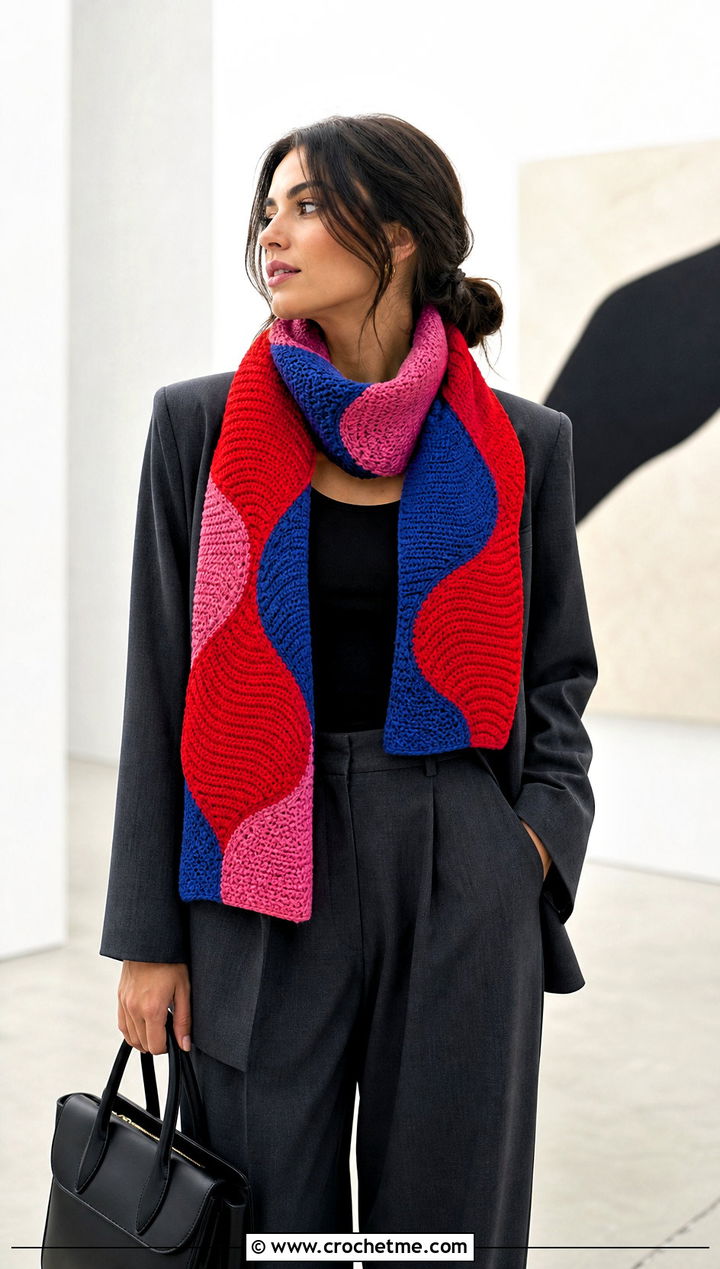 Color Block Wave Crochet Scarf With Monochrome Suit - 25 wavy crochet scarf outfit ideas