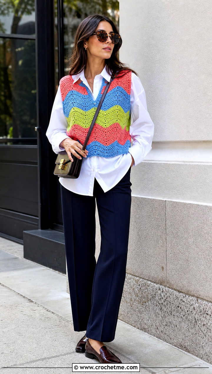 Color Block Wave Crochet Vest With White Shirt And Trousers - 20 wave crochet top outfit ideas