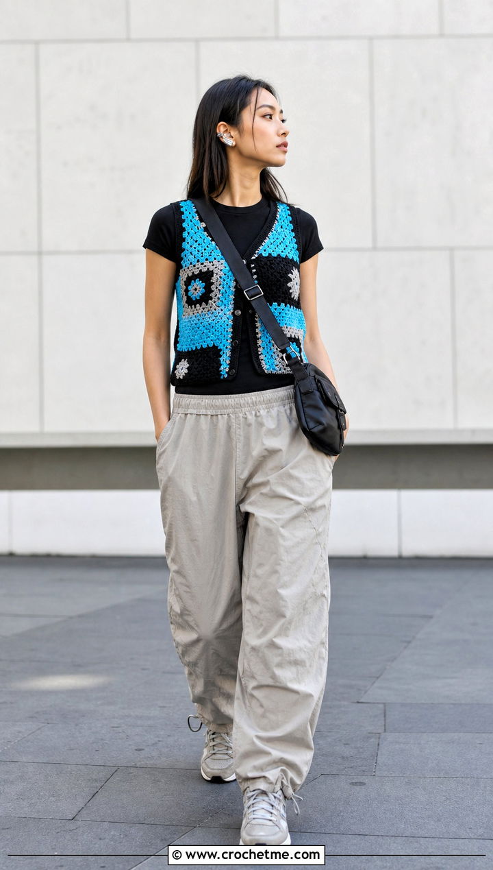 Color Block Wednesday Crochet Vest With Parachute Pants - 30 wednesday crochet vest outfit ideas
