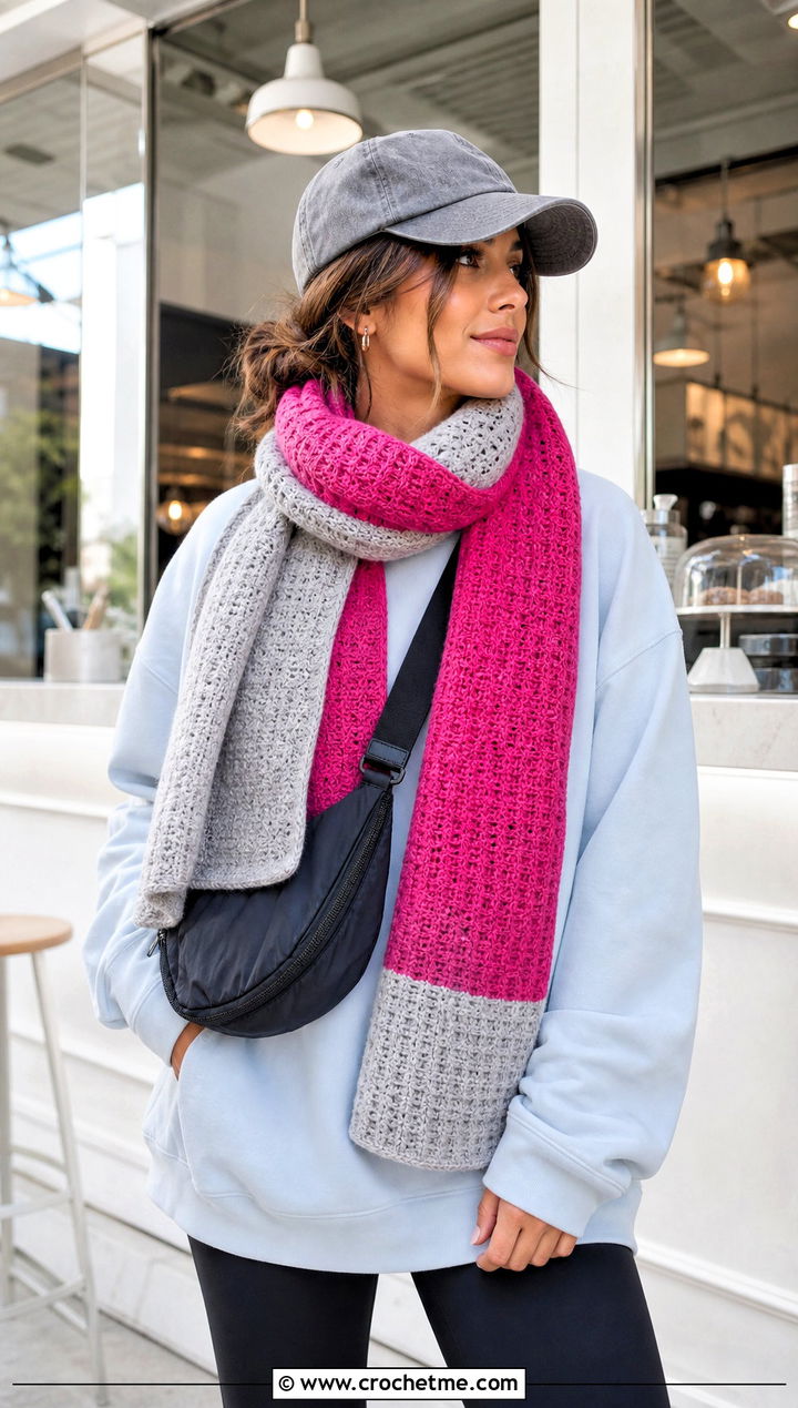 Color Block Wide Scarf With Sweatshirt And Leggings - 20 Crochet Wide Scarf outfit ideas