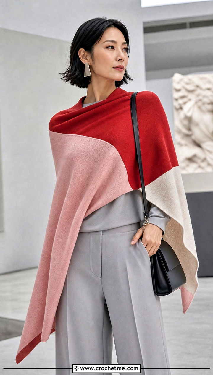 Color Block Wingspan Shawl With Monochrome Outfit - 15 Crochet Wingspan Shawl outfit ideas