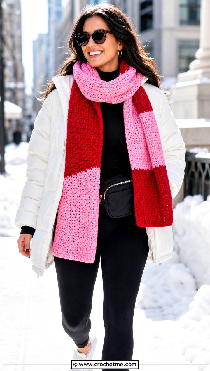 Color Block Worsted Weight Crochet Scarf With Puffer Jacket - 20 Crochet Scarf Worsted Weight Yarn outfit ideas