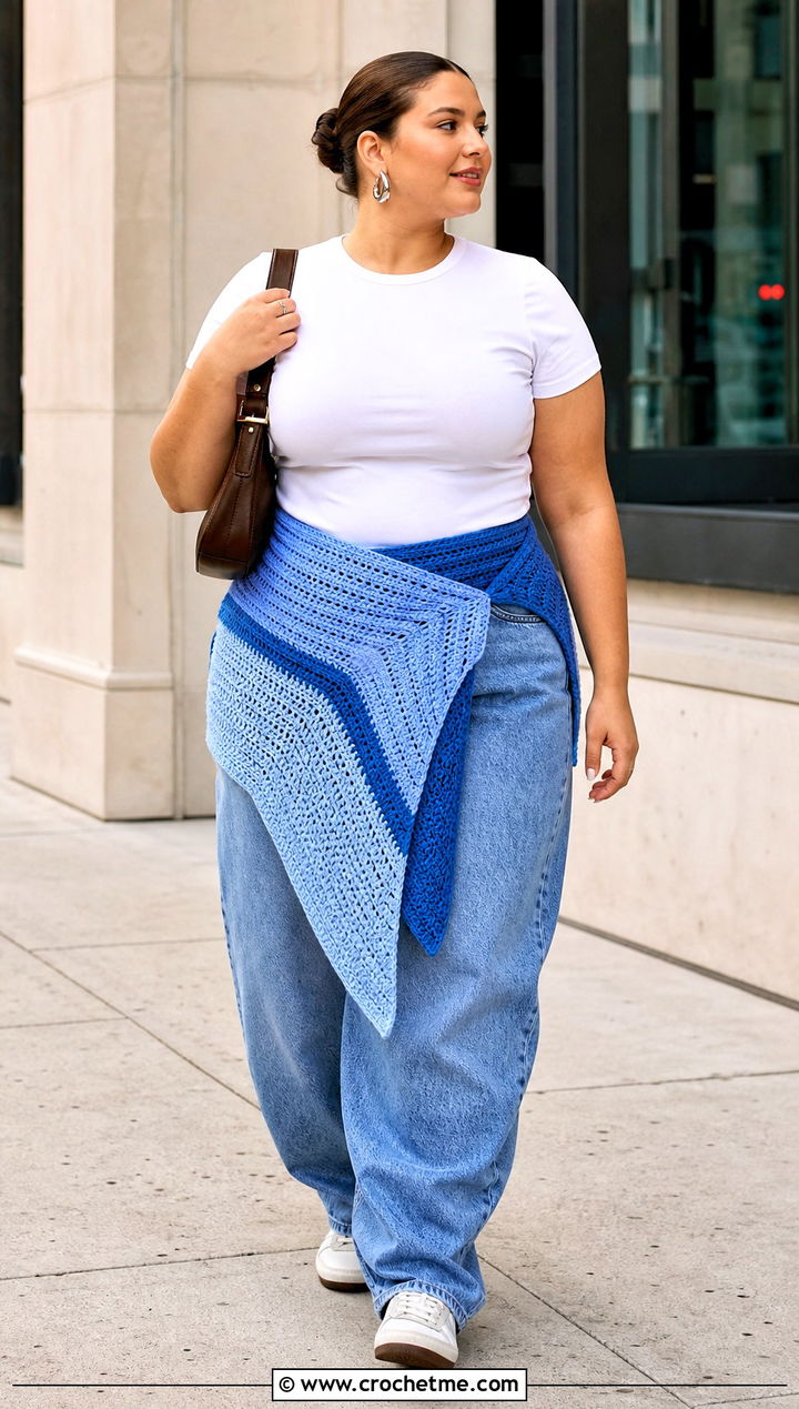 Color Block Wrap Crochet Sarong With Barrel Jeans - 35 crochet sarong outfit ideas