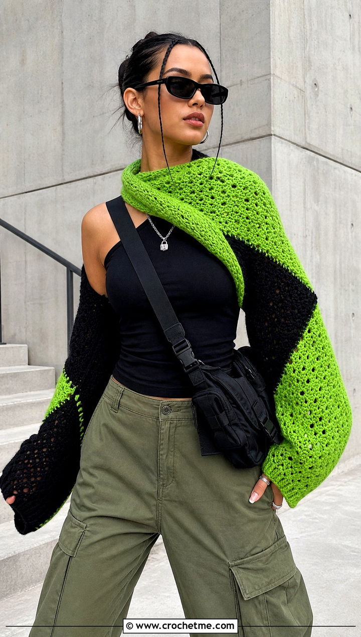 Color Block Wrap Me Up Crochet Sweater Scarf With Cargo Pants - 15 Wrap Me Up Crochet Sweater Scarf outfit ideas