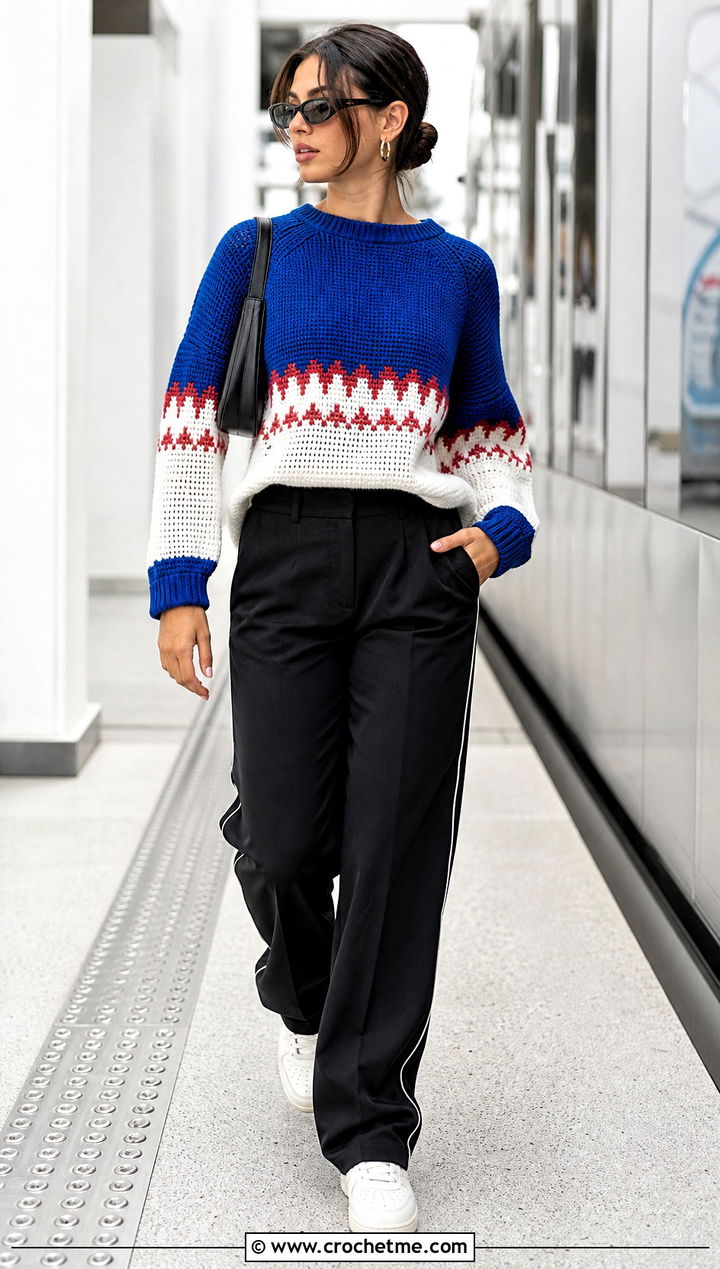 Color Block Yoke Crochet Sweater With Track Pants - 25 Yoke Down Crochet Sweater outfit ideas