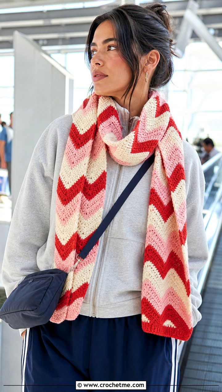 Color Block Zig Zag Crochet Scarf With Track Pants - 25 Zig Zag Crochet Scarf outfit ideas