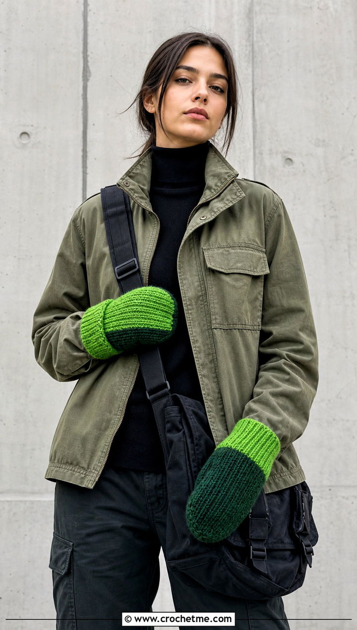 Color Blocked Ribbed Mittens With Utility Jacket - 15 Crochet Ribbed Mittens outfit ideas