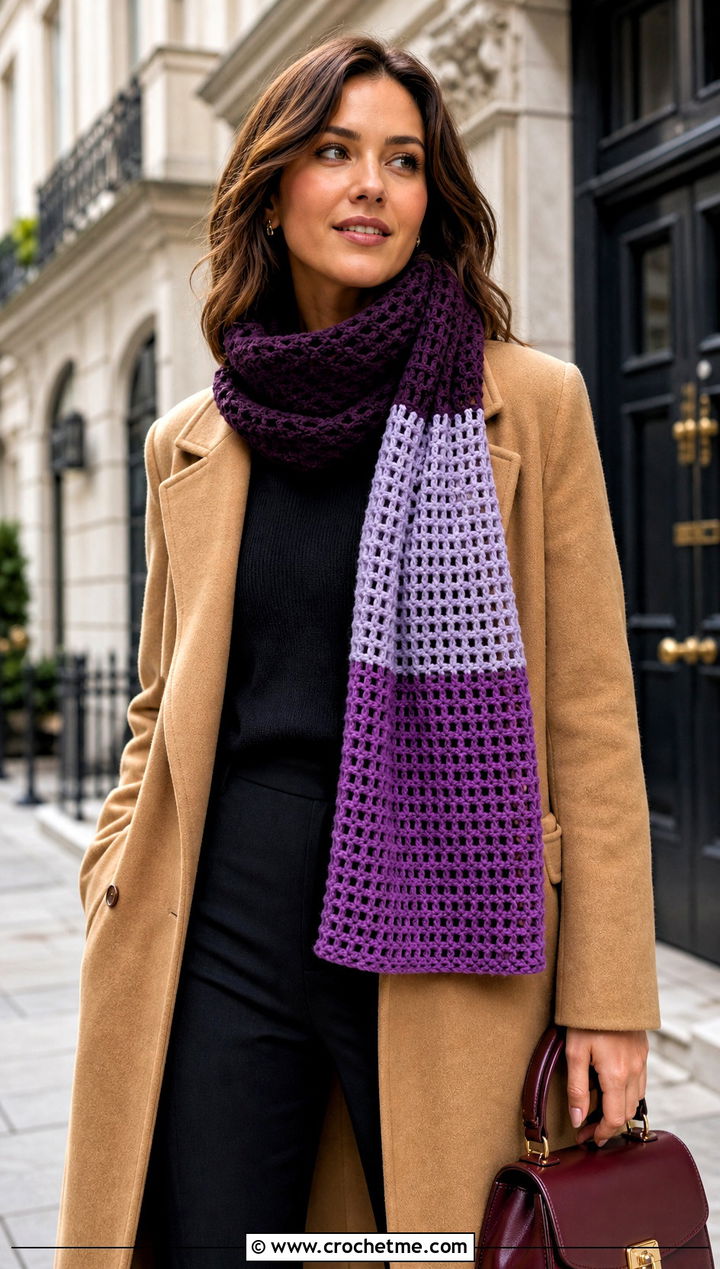 Color Blocked Waffle Crochet Scarf With Camel Coat - 25 Waffle Crochet Scarf outfit ideas