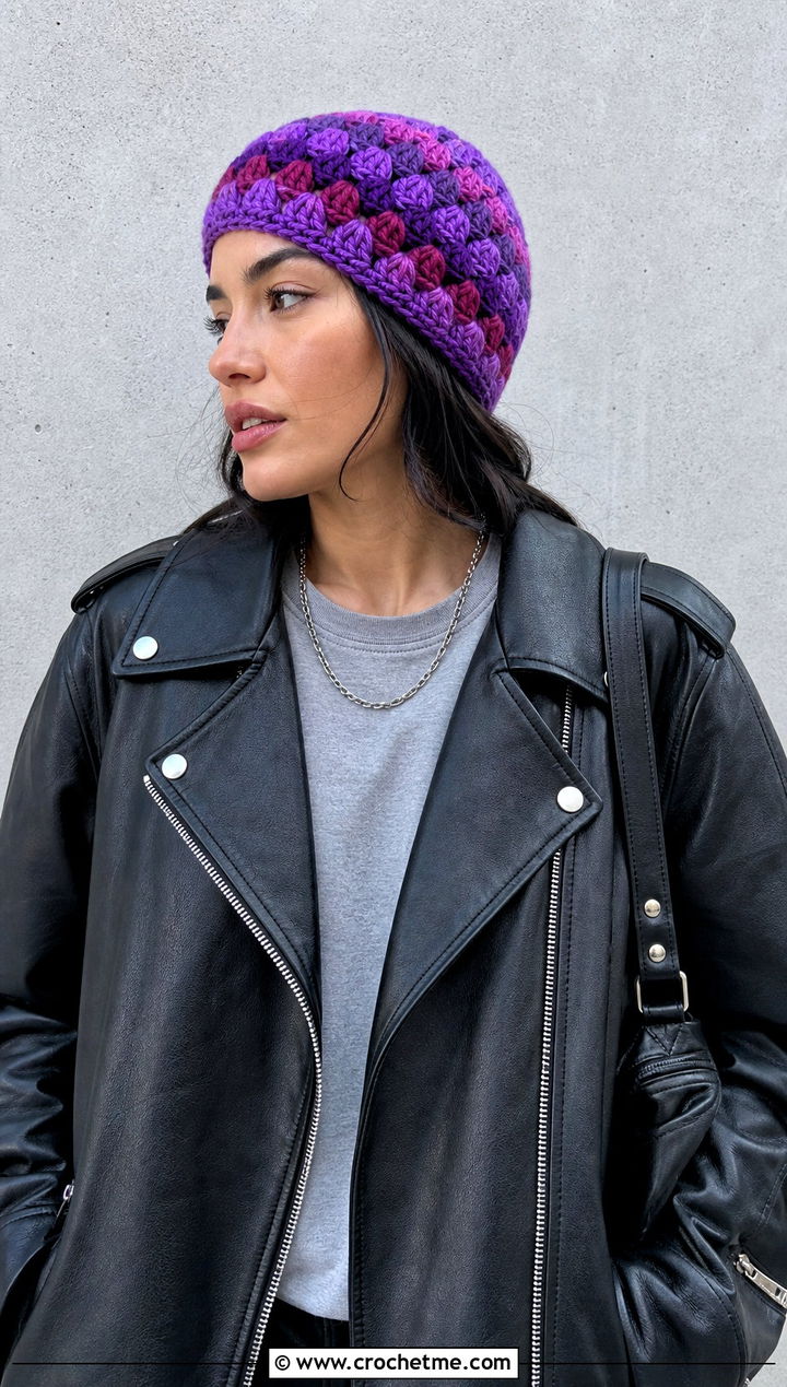 Color Burst Crochet Beanie With Leather Jacket - 15 burst crochet beanie outfit ideas