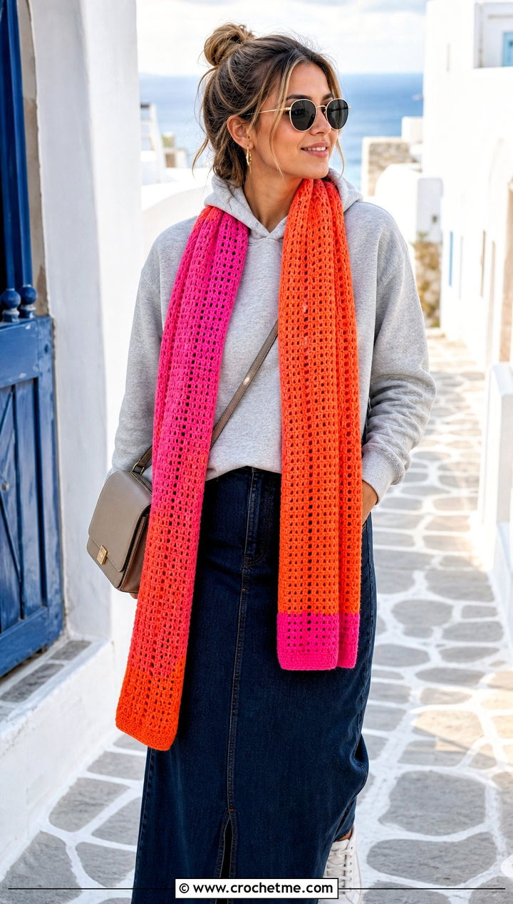 Color Dipped Crochet Scarf With Hoodie And Maxi Skirt - 30 2 color crochet scarf outfit ideas
