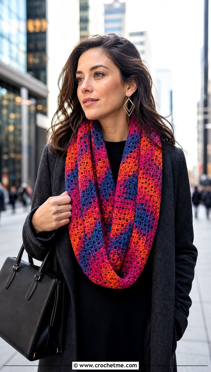 Color Pooled Variegated Crochet Scarf With Long Coat - 25 Variegated Yarn Crochet Scarf outfit ideas