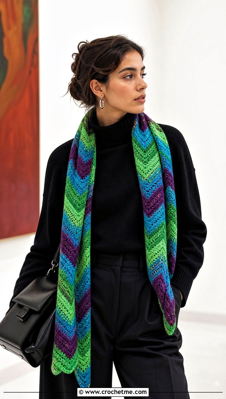Color Wave Crochet Chevron Scarf With Monochrome Outfit - 20 Crochet Zig Zag Scarf outfit ideas