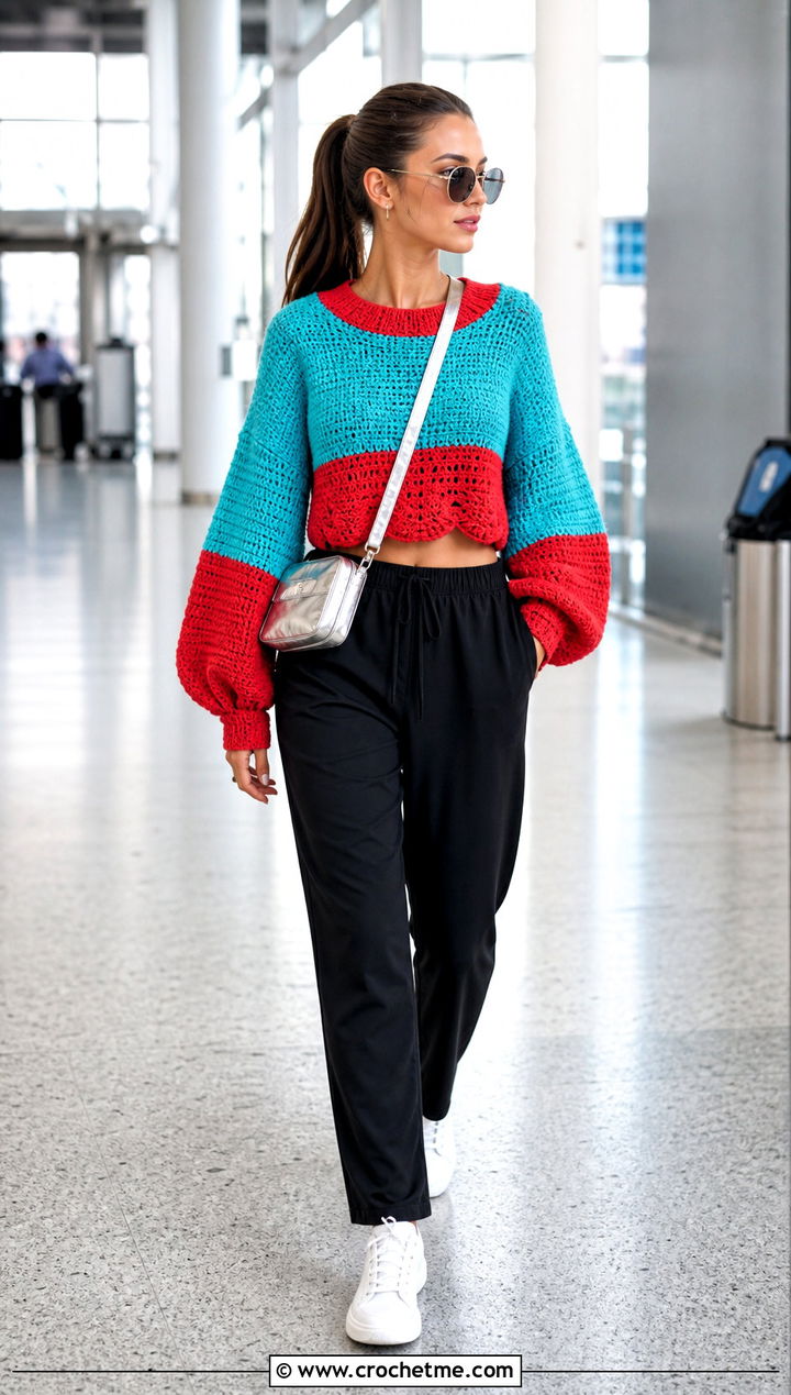 Colorblock Balloon Sleeve Cropped Crochet Sweater With Track Pants - 35 crop crochet sweater outfit ideas