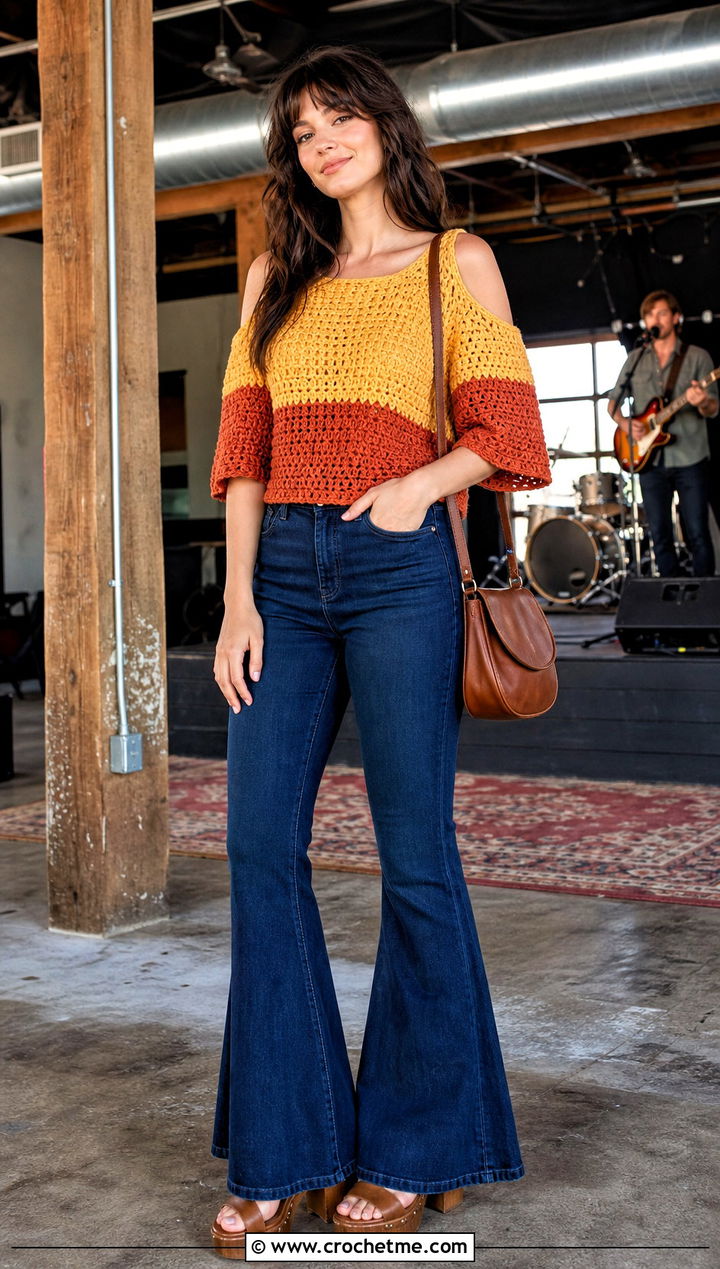 Colorblock Bead Stitch Crochet Cold Shoulder Top With Flared Jeans - 35 crochet cold shoulder top outfit ideas