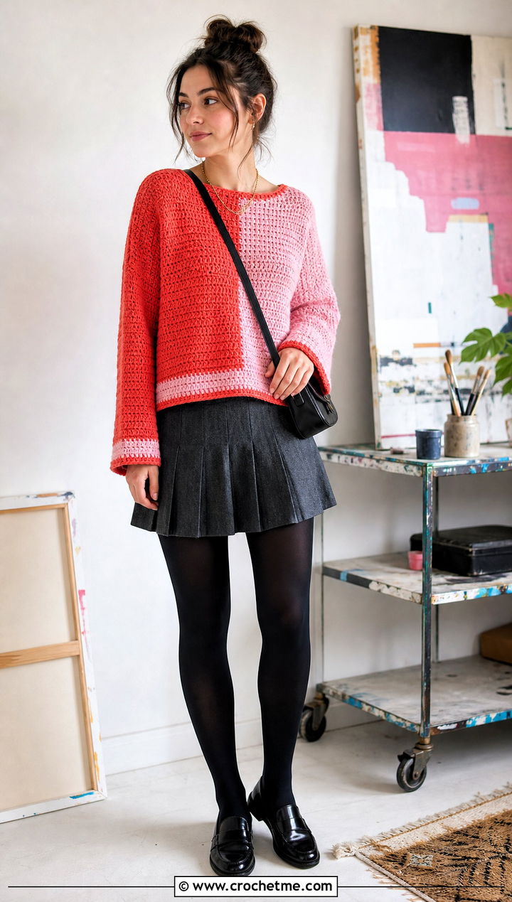 Colorblock Boxy Crochet Pullover With Pleated Mini Skirt - 15 crochet for ladies pull over sweaters outfit ideas