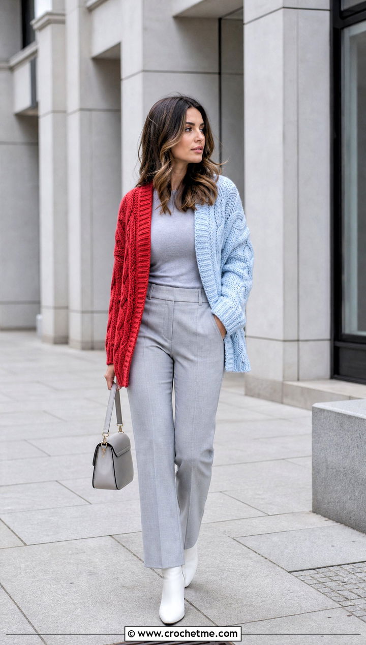 Colorblock Cable Crochet Cardigan With Monochrome Basics - 25 Crochet Cable Cardigan outfit ideas