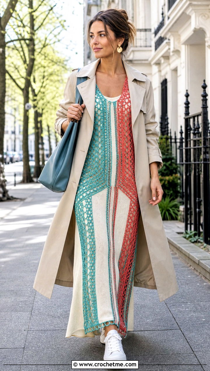 Colorblock Chain Maxi Dress With Trench Coat - 20 Crochet Chain Dress outfit ideas