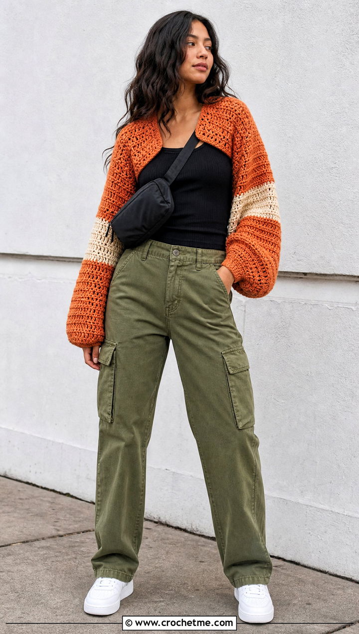 Colorblock Chunky Crochet Shrug With Cargo Pants - 25 Chunky Crochet Shrug outfit ideas