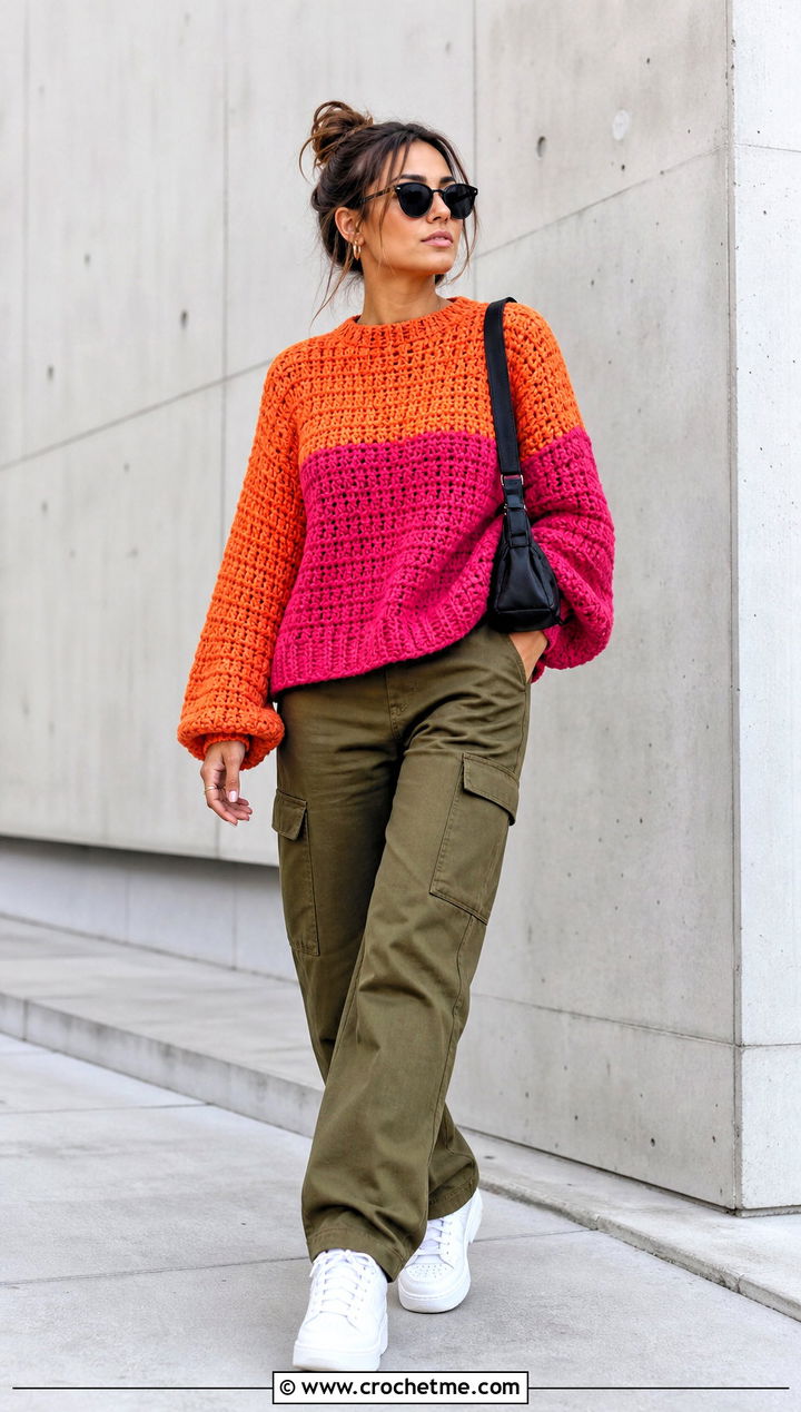 Colorblock Chunky Crochet Sweater With Cargo Pants - 25 Chunky Crochet Sweaters outfit ideas