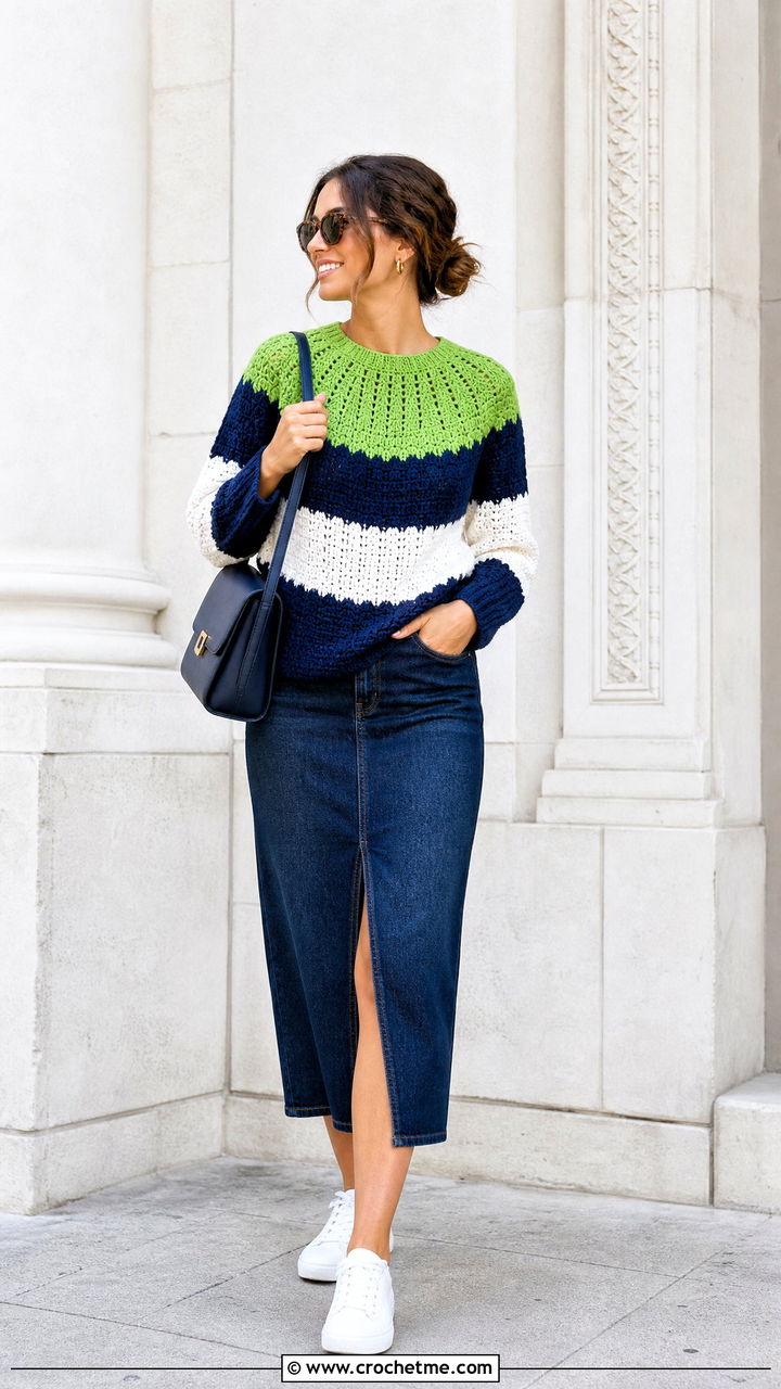 Colorblock Circular Yoke Crochet Sweater With Denim Skirt - 35 top down crochet sweater outfit ideas