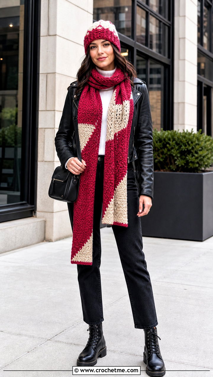 Colorblock Crochet Beanie And Scarf With Moto Jacket - 35 crochet hat and scarf set outfit ideas