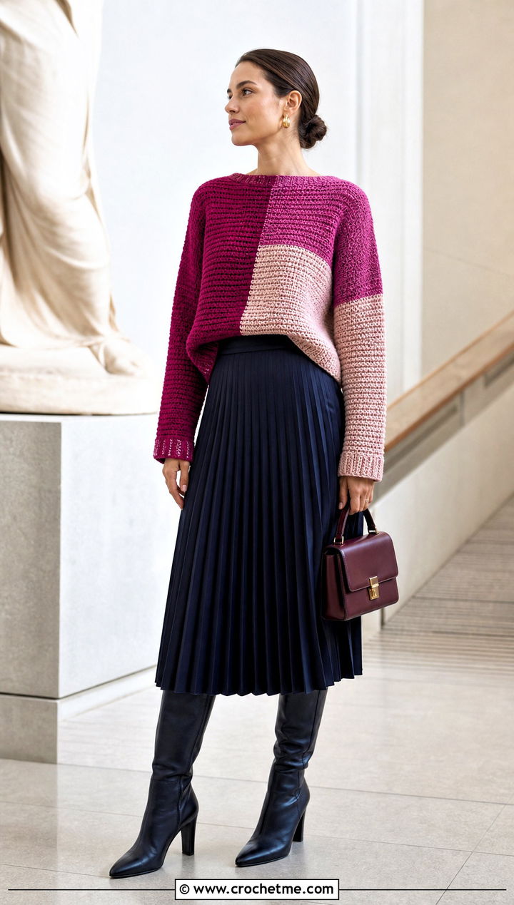 Colorblock Crochet Boxy Sweater With Pleated Midi Skirt - 25 Crochet Boxy Sweater outfit ideas