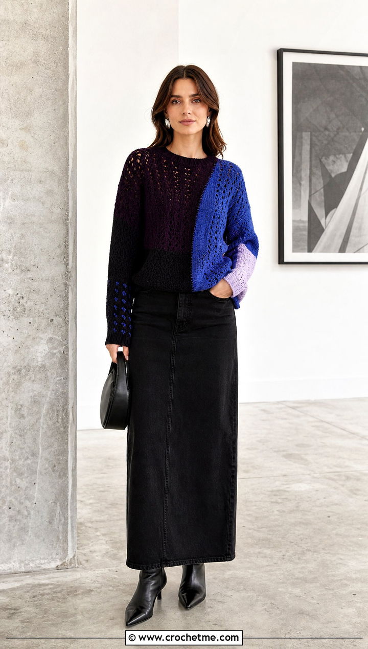 Colorblock Crochet Cashmere Sweater With Black Maxi Skirt - 30 crochet cashmere sweater outfit ideas