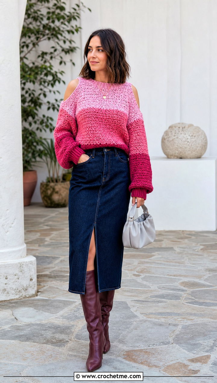 Colorblock Crochet Cold Shoulder Sweater With Denim Midi Skirt - 25 Crochet Cold Shoulder Sweater outfit ideas