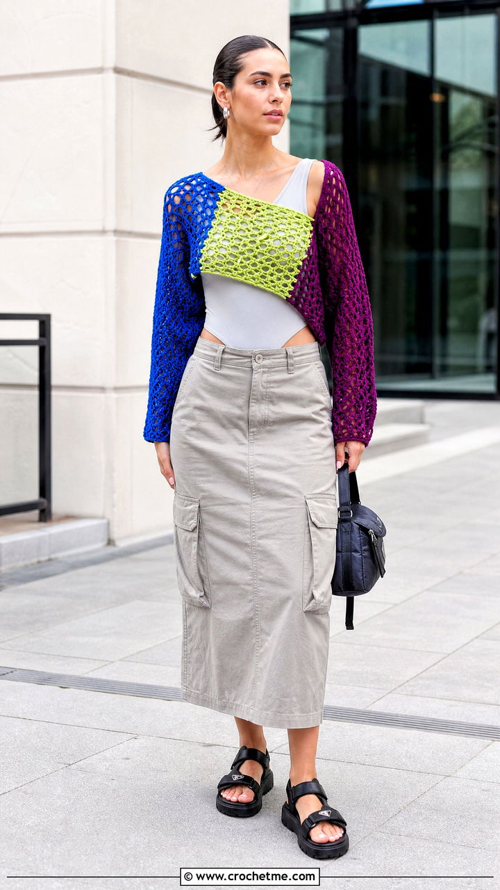 Colorblock Crochet Cover Up Top With Neutral Cargo Skirt - 35 crochet cover up top outfit ideas