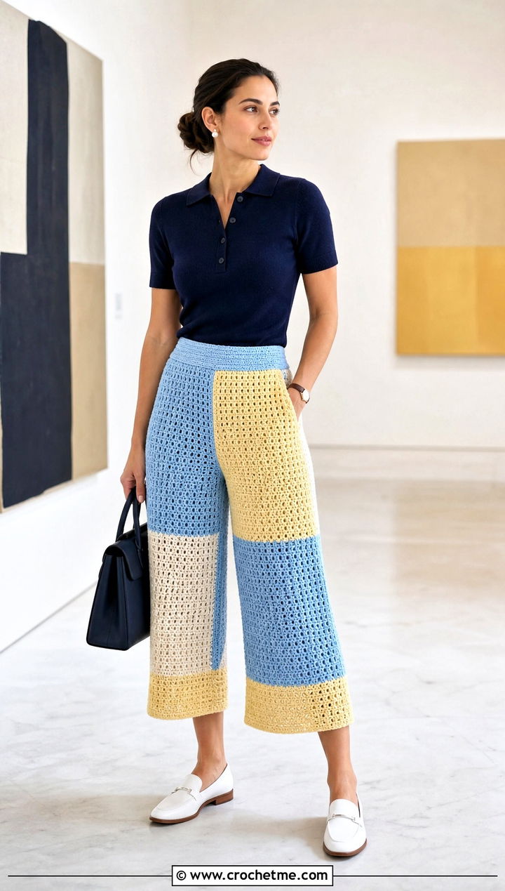 Colorblock Crochet Culottes With Knit Polo - 25 colorful crochet pants outfit ideas