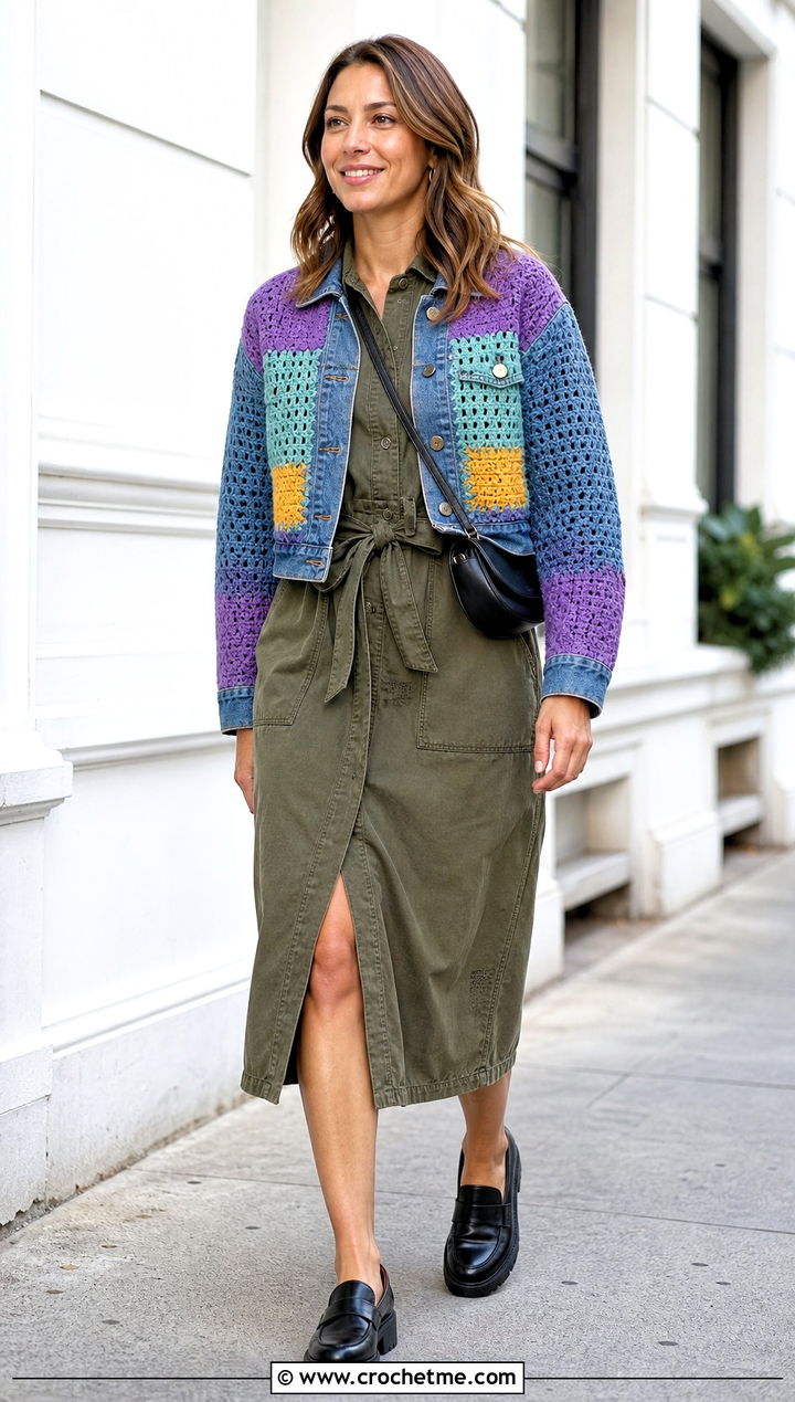 Colorblock Crochet Denim Jacket With Utility Dress - 30 crochet denim jacket outfit ideas