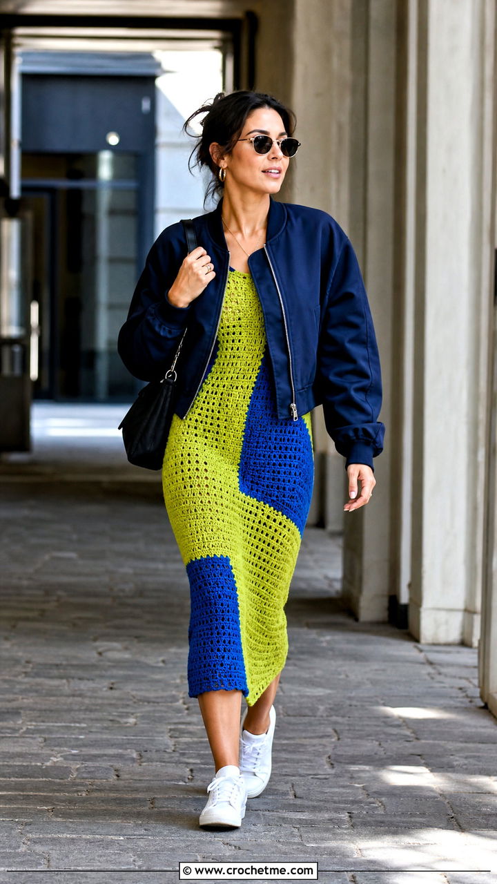 Colorblock Crochet Dress With Bomber Jacket And Sneakers - 35 crochet dress outfits ideas