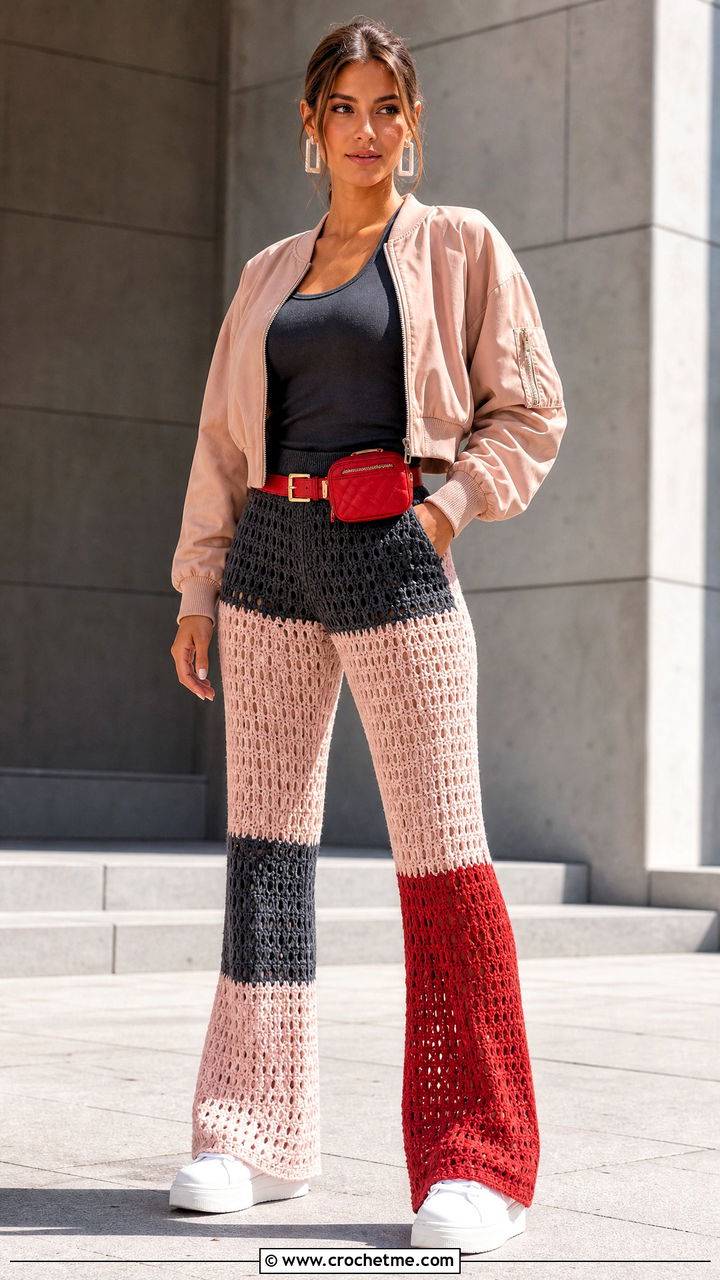 Colorblock Crochet Flare Pants With Cropped Bomber Jacket - 35 crochet flare pants outfit ideas