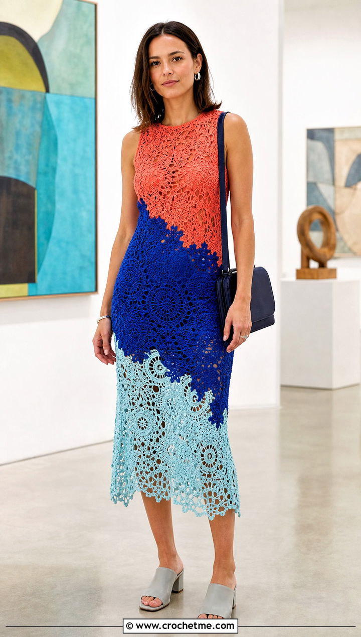 Colorblock Crochet Lace Dress With Neutral Accessories - 35 Crochet Lace Dress outfit ideas
