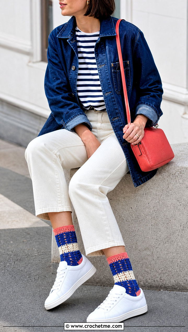 Colorblock Crochet Lace Socks With Court Sneakers And Jeans - 25 Crochet Lace Socks outfit ideas