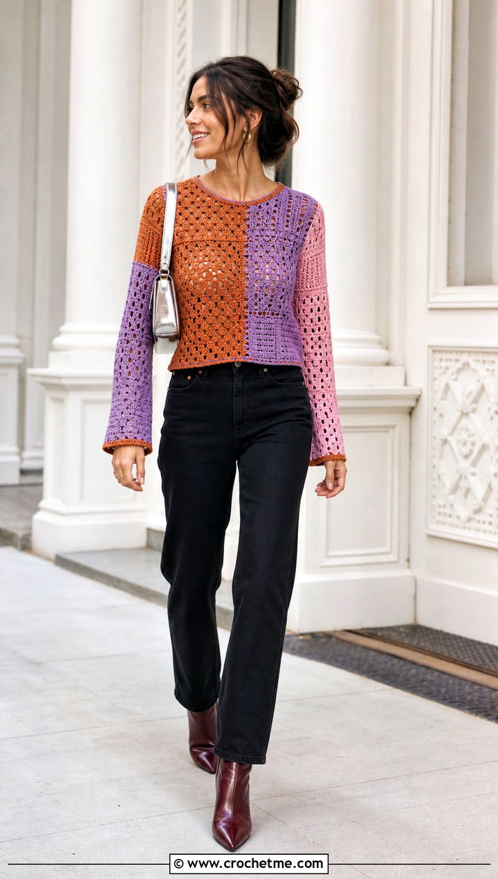 Colorblock Crochet Long Sleeve Top With Black Jeans - 35 crochet long sleeve tops outfit ideas