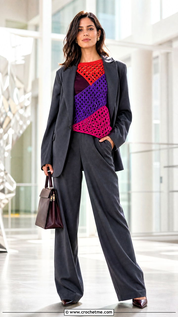 Colorblock Crochet Mesh Top With Relaxed Suit - 35 crochet mesh top outfit ideas