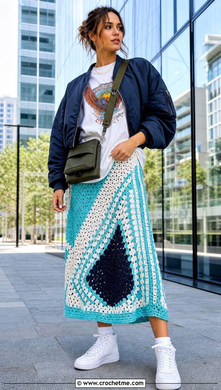 Colorblock Crochet Midi Skirt With Graphic T Shirt - 15 Crochet Maid Skirt outfit ideas