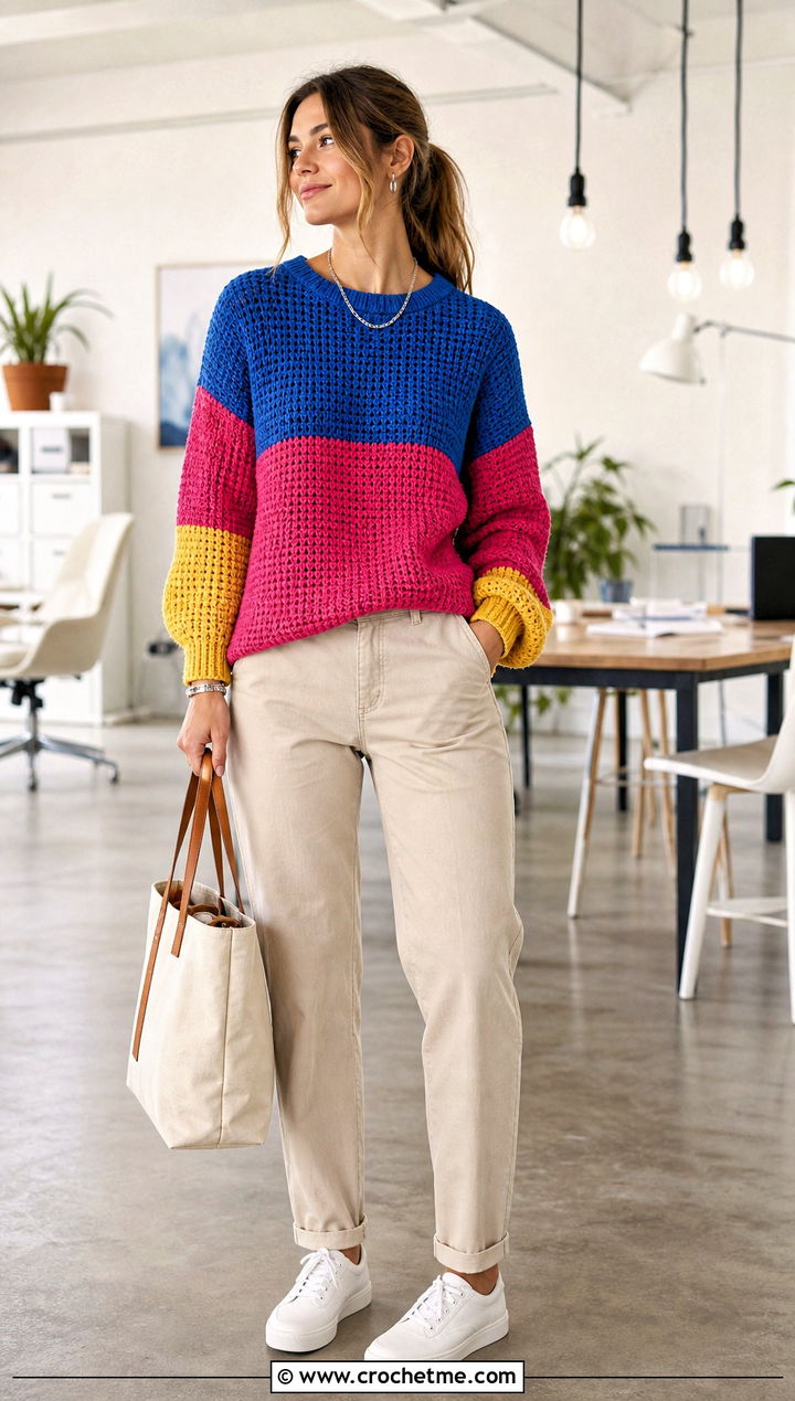 Colorblock Crochet Oversized Sweater With Neutral Chinos - 20 Easy Crochet Oversized Sweater outfit ideas
