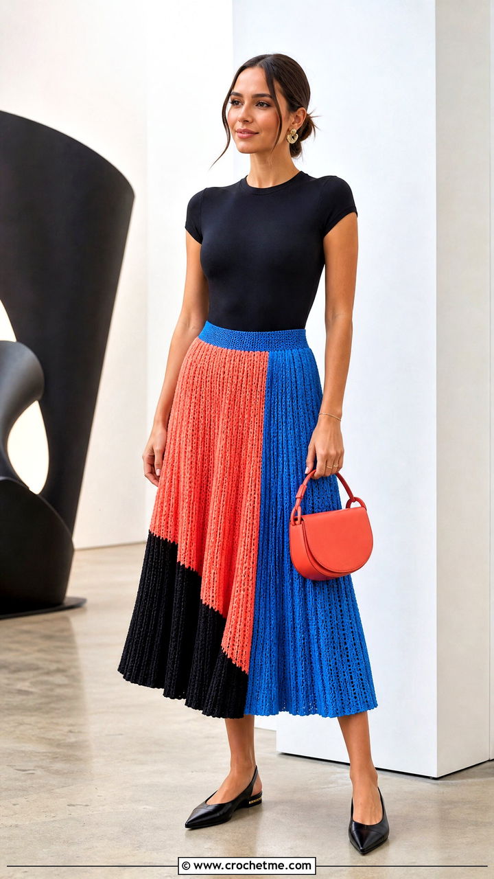 Colorblock Crochet Pleated Midi Skirt With Black Bodysuit - 35 crochet pleated skirt outfit ideas