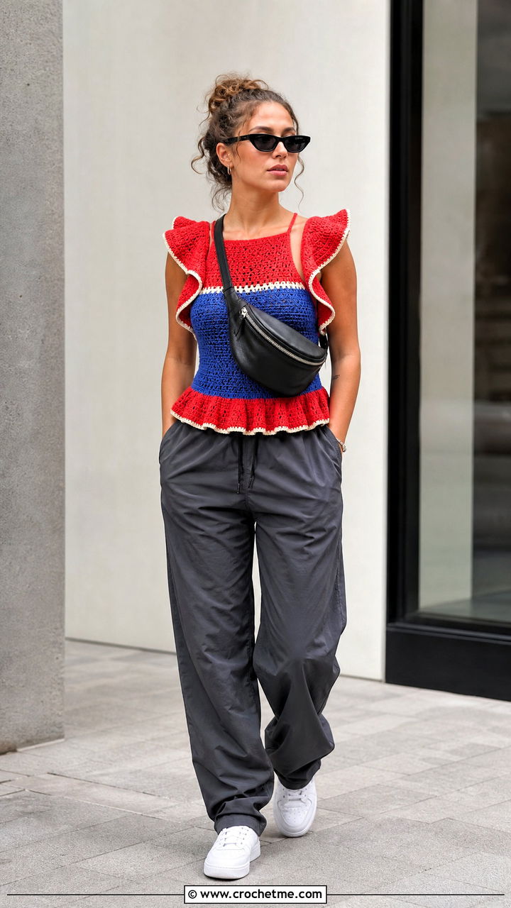 Colorblock Crochet Ruffle Top With Track Pants - 35 crochet ruffle top outfit ideas