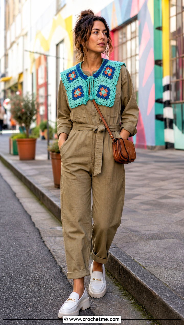 Colorblock Crochet Sailor Collar With Utility Jumpsuit - 30 crochet sailor collar outfit ideas