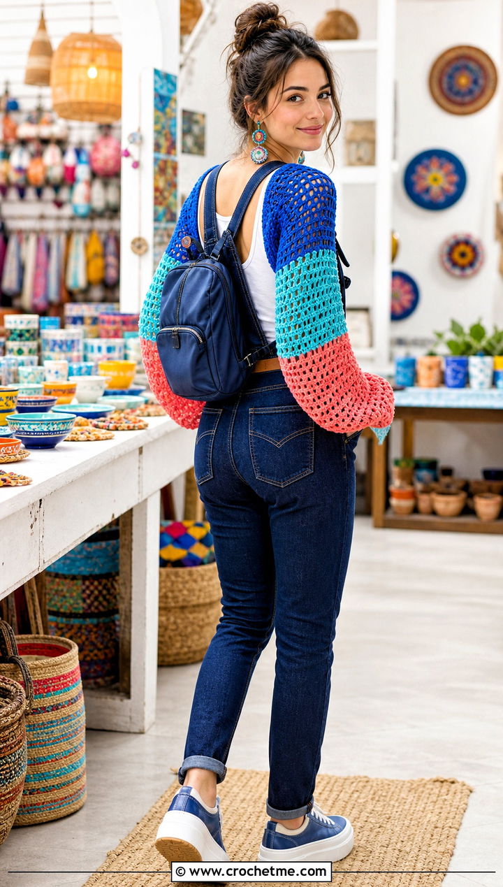 Colorblock Crochet Shrug Sweater With Denim Overalls - 30 crochet shrug sweater outfit ideas