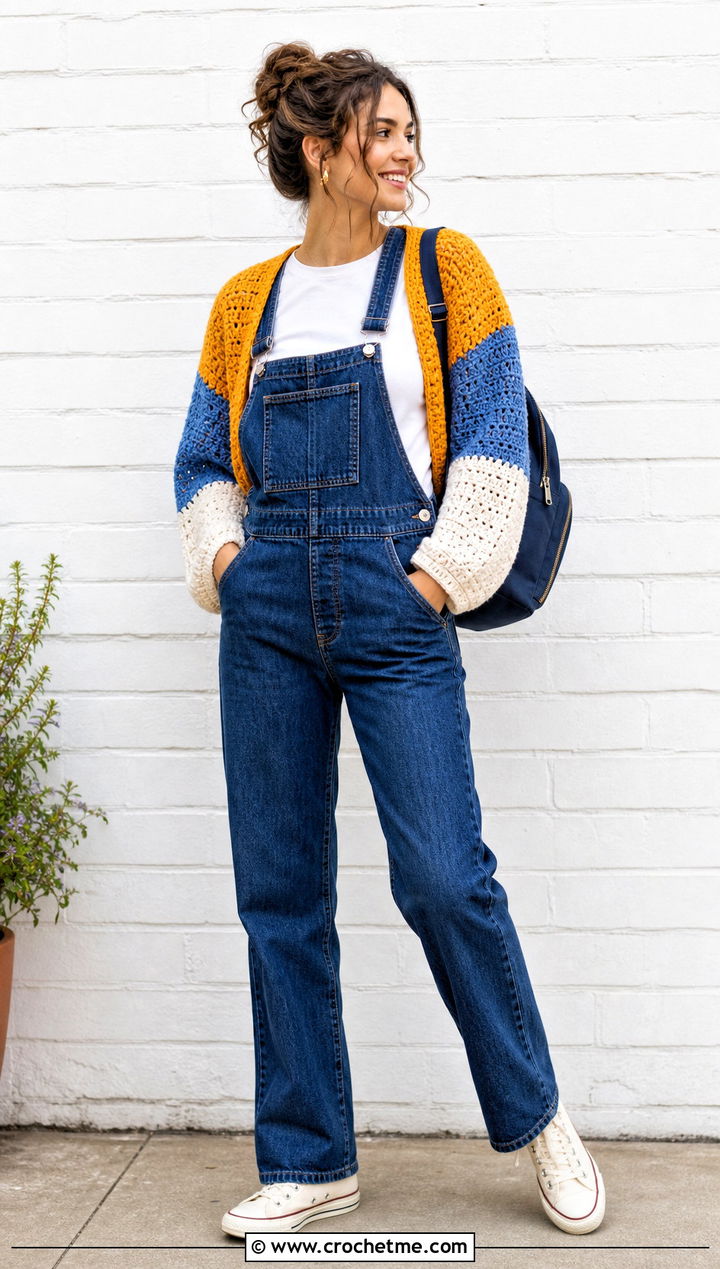 Colorblock Crochet Shrug With Denim Overalls - 25 simple crochet shrug outfit ideas