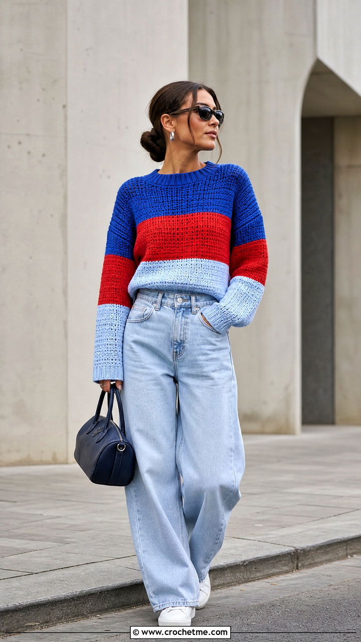 Colorblock Crochet Striped Sweater With Barrel Jeans - 35 crochet striped sweater outfit ideas