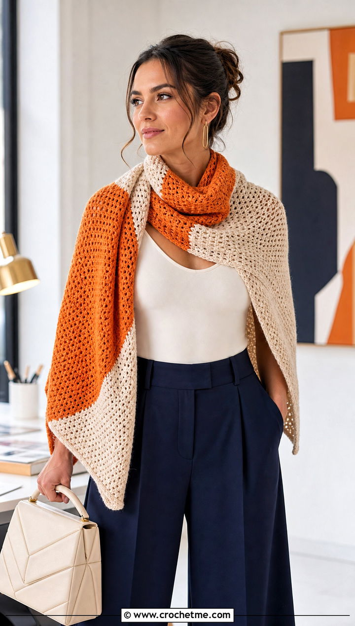 Colorblock Crochet Sweater Scarf Wrap With Wide Leg Trousers - 30 crochet scarf sweater wrap outfit ideas