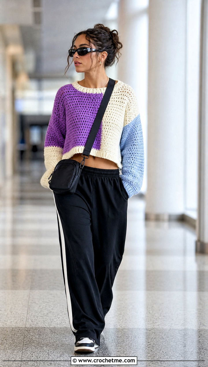 Colorblock Crochet Sweater Top With Track Pants - 35 Crochet Top Sweater outfit ideas
