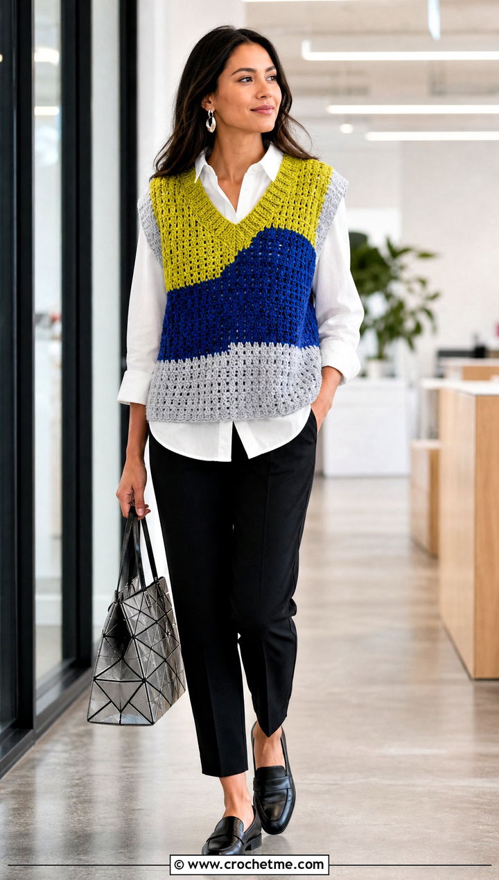 Colorblock Crochet Sweater Vest With Button Down Shirt - 30 crochet colorblock sweater outfit ideas